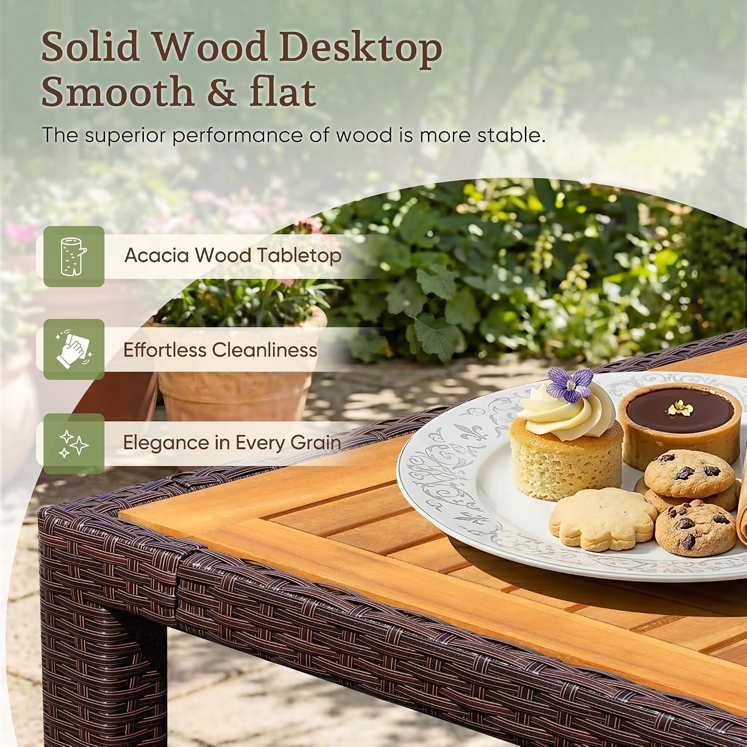 Greesum 9 Pieces Outdoor Patio Dining Set, Conversation Sets with 1 Table and 8 Rattan Chairs with Curved Acacia Wooden Armrests and Cushions, Brown