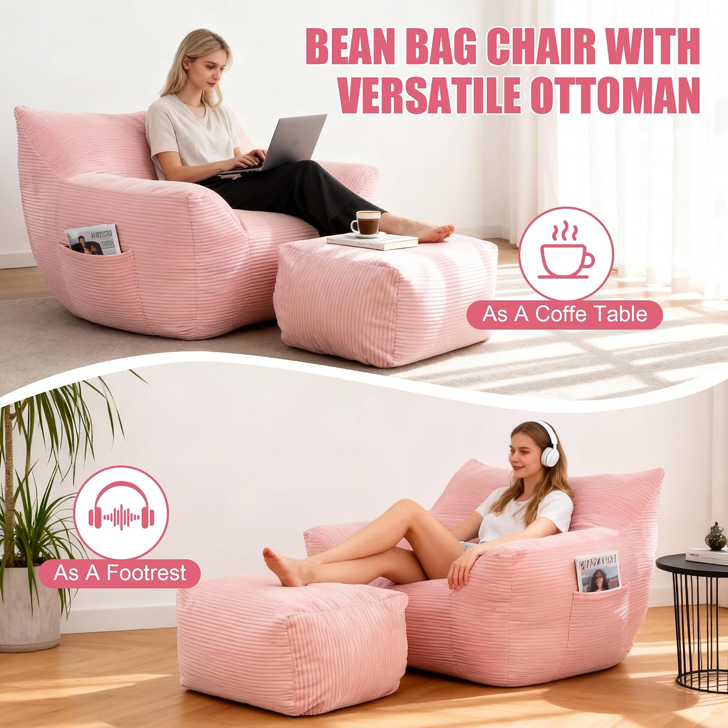 Giant Bean Bag Chair with Ottoman, Comfy Bean Bag Couch with 2 Side Pocket, Corduroy Boneless Couch Chair in a Box, Stuffed Lounge Floor Sofa for Dorm, Bedroom, Living Room, Pink