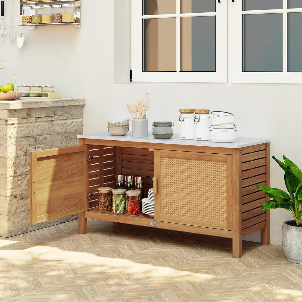 Goplus Outdoor Console Table, Acacia Wood Patio Storage Cabinet with Fax Marble Top, Rattan Doors, Inner Shelves & Hidden Compartment, Outdoor Sideboard for Patio (Rattan Door)
