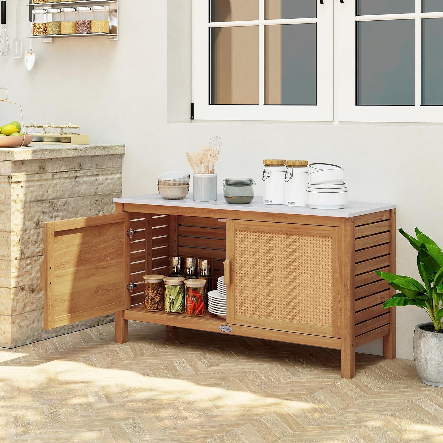 Goplus Outdoor Console Table, Acacia Wood Patio Storage Cabinet with Fax Marble Top, Rattan Doors, Inner Shelves & Hidden Compartment, Outdoor Sideboard for Patio (Rattan Door)