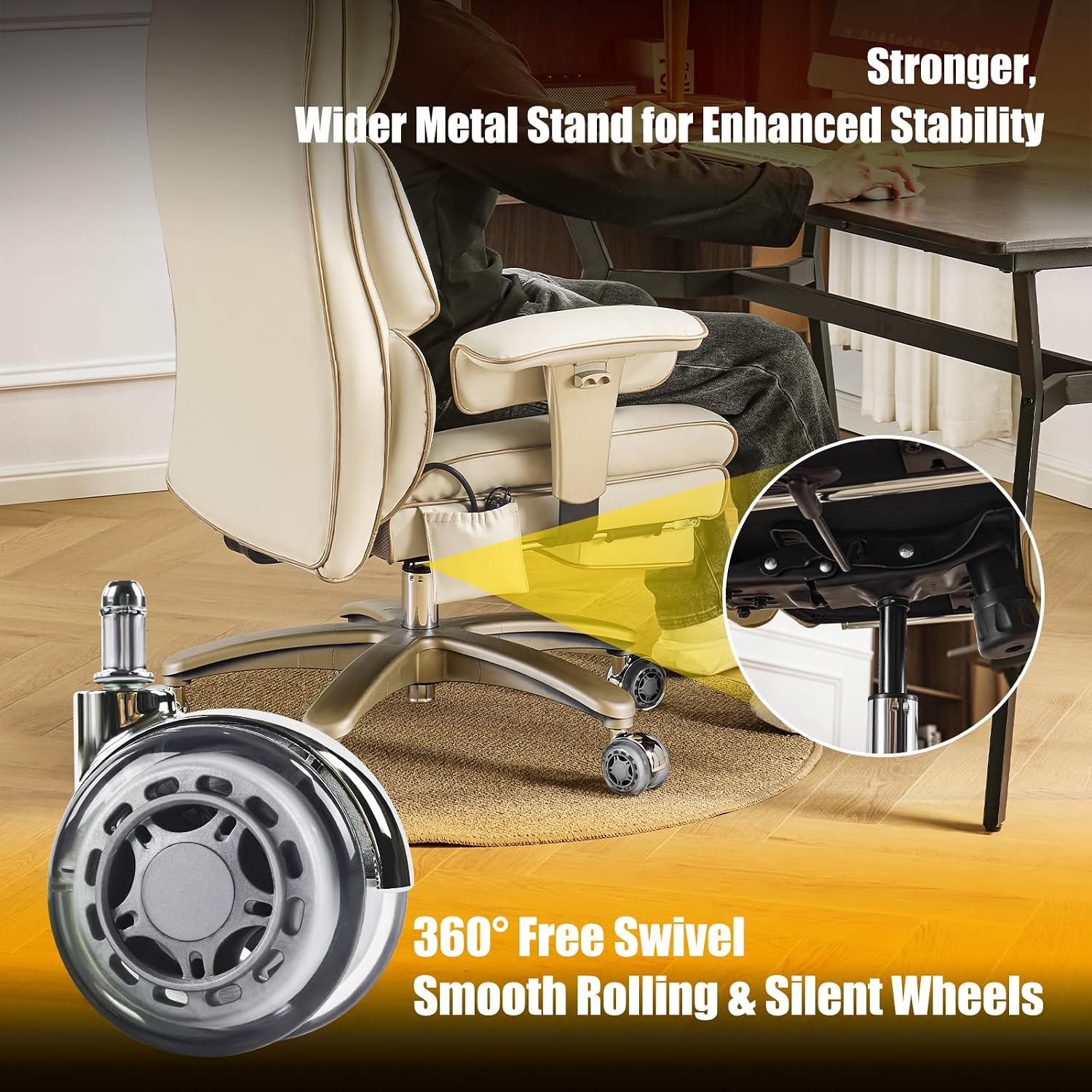 Leather Office Chair with Footrest, High-Back Executive Office Chair with Adjustable Lumbar Support, Luxury Desk Chair with Silent Wheels Rocking 360° Swivel, Height Adjustment,Beige