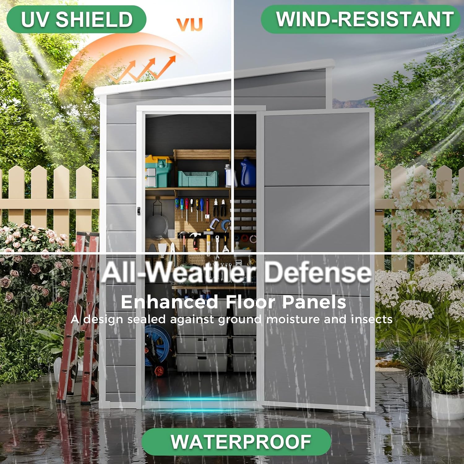 5x4 FT Plastic Outdoor Storage Sheds with Floor and Lockable Door, Compact Resin Outdoor Storage Cabinet Waterproof, Garden Shed/Tool Shed for Backyard, Patio, Lawn, Grey