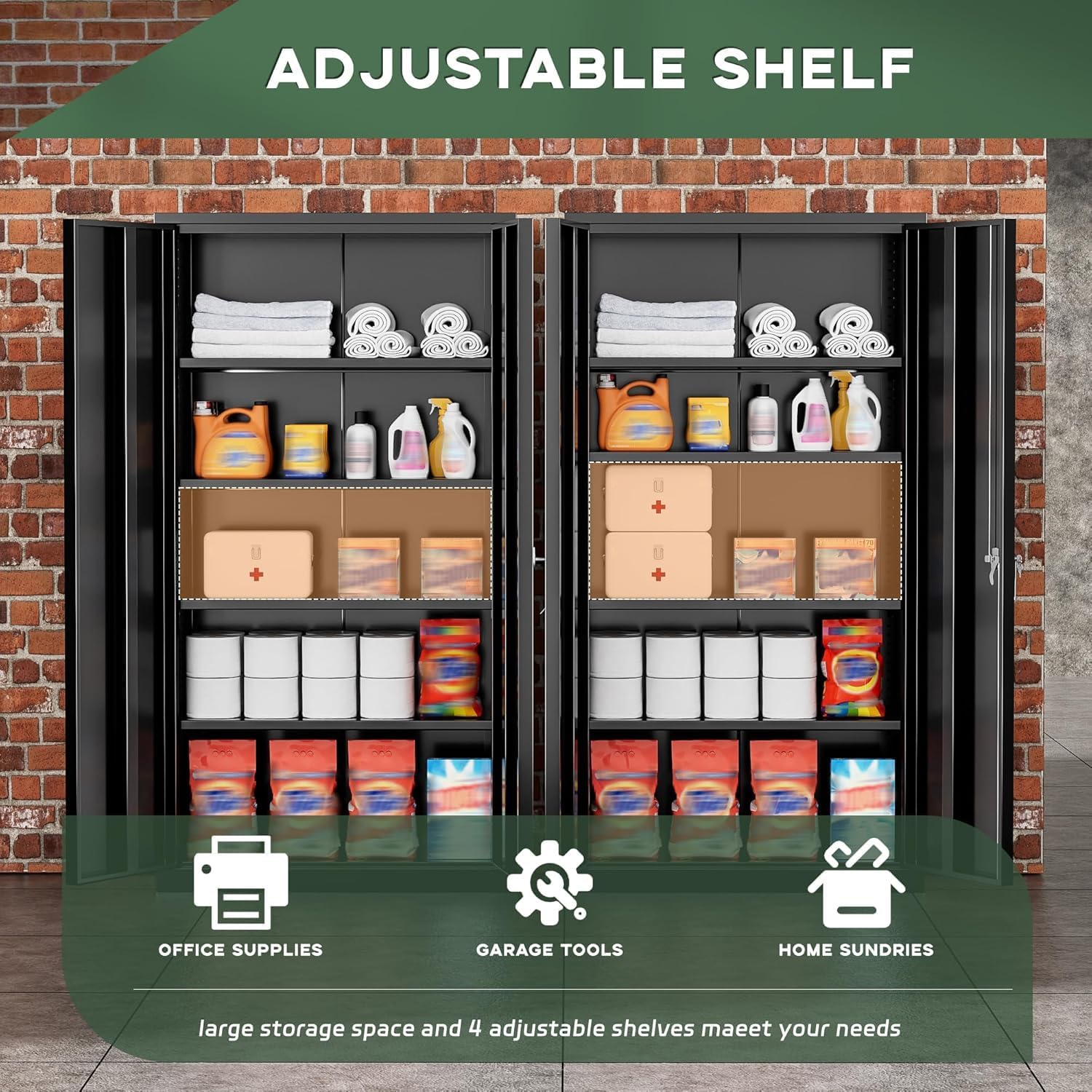 Greenvelly Metal Cabinet with Lock,72' Metal Storage Cabinet with 2 Doors and Adjustable 4 Shelves, Locking Cabinet for Home Office, Garage(36' W x 18' D)