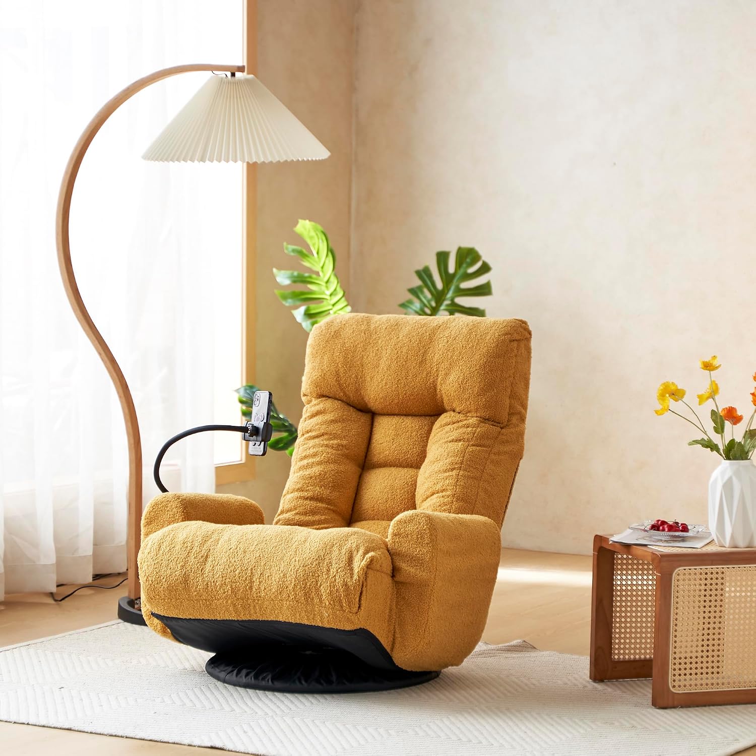 360° Swivel Gaming Floor Chair, 5 Position Adjustable Folding Sofa Chair with Armrests & Phone Holder, Cushion Padded Indoor Chaise Lounge for Adults, Home Office Floor Leisure Chairs, Yellow