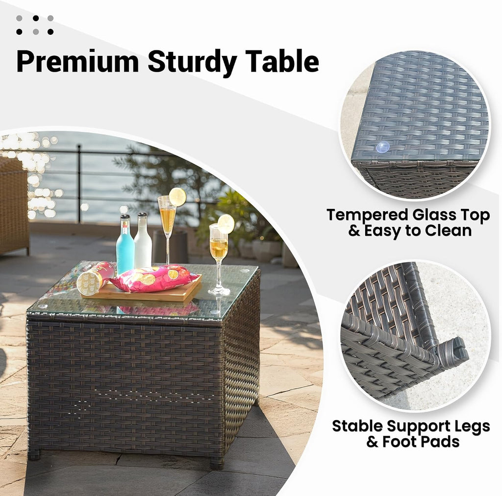 ovios Outdoor Side Table with Tempered Glass Top, Patio Wicker Rattan Coffee End Tables for All-Weather Porch Deck Balcony Garden Poolside (Brown-Medium Size)