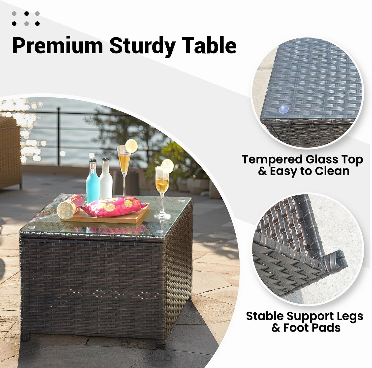 ovios Outdoor Side Table with Tempered Glass Top, Patio Wicker Rattan Coffee End Tables for All-Weather Porch Deck Balcony Garden Poolside (Brown-Medium Size)