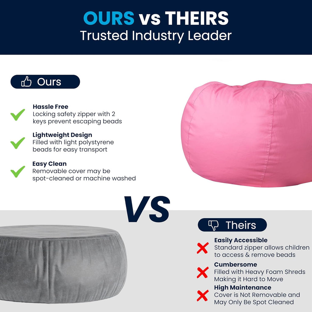 Flash Furniture Duncan Oversized Bean Bag Chair for Kids and Adults, Foam-Filled Beanbag Chair with Machine Washable Cover, Light Pink