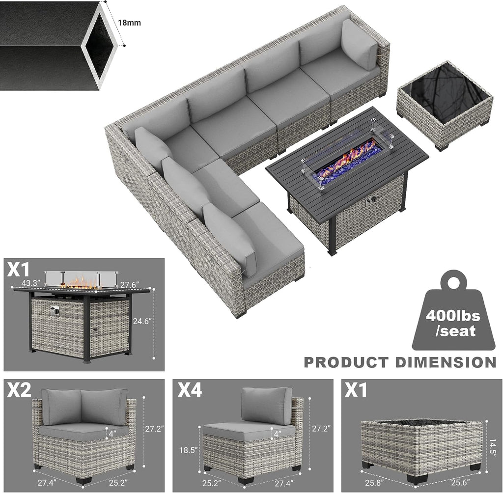 8-Piece Modern Patio Furniture Set with 55,000 BTU Fire Pit Table, Thick Cushions, Dual-Strand Wicker Rattan, Rust-Resistant Frame, Grey