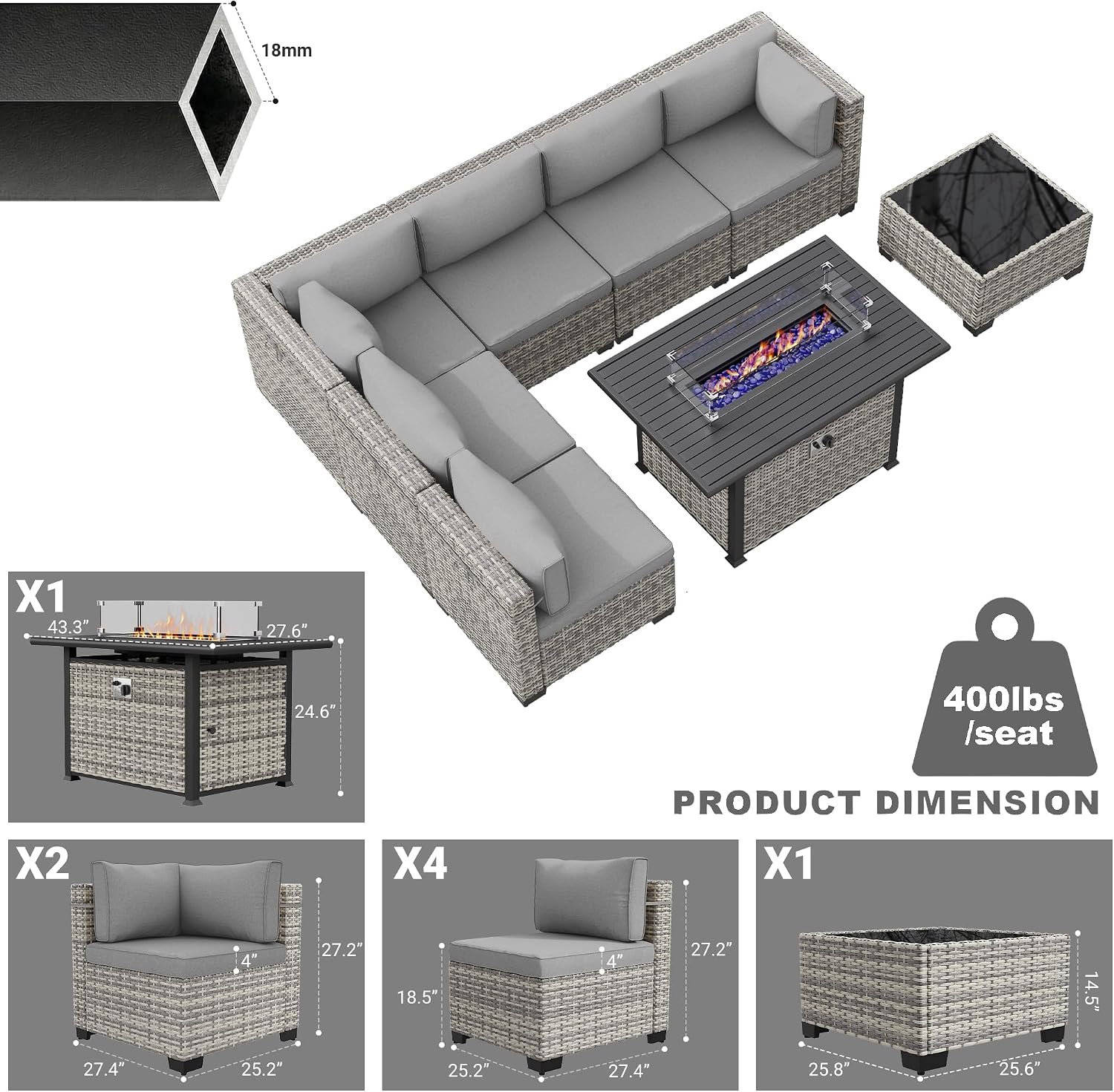 8-Piece Modern Patio Furniture Set with 55,000 BTU Fire Pit Table, Thick Cushions, Dual-Strand Wicker Rattan, Rust-Resistant Frame, Grey