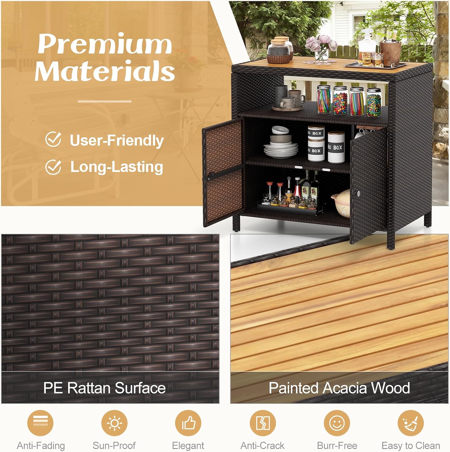 RELAX4LIFE Wicker Outdoor Bar Cabinet - PE Rattan Patio Bar Table w/Acacia Wood Countertop, Open Shelf & 2 Doors, Buffet Sideboard Organizer for Garden Backyard Pool, Outside Storage Cabinet (Brown)