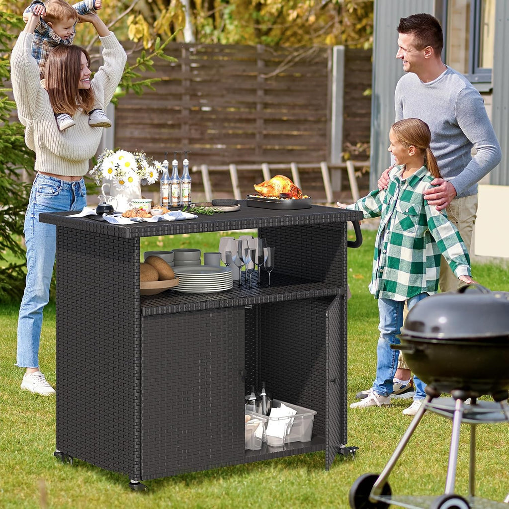 Outdoor Storage Cabinet on Wheels for Patio Outdoor Rattan Bar Cart on Wheels Storage Kitchen Cabinet Waterproof for Grill Outdoor Sideboard for Outside, Pool, Backyard Bar, Parties, Poolside