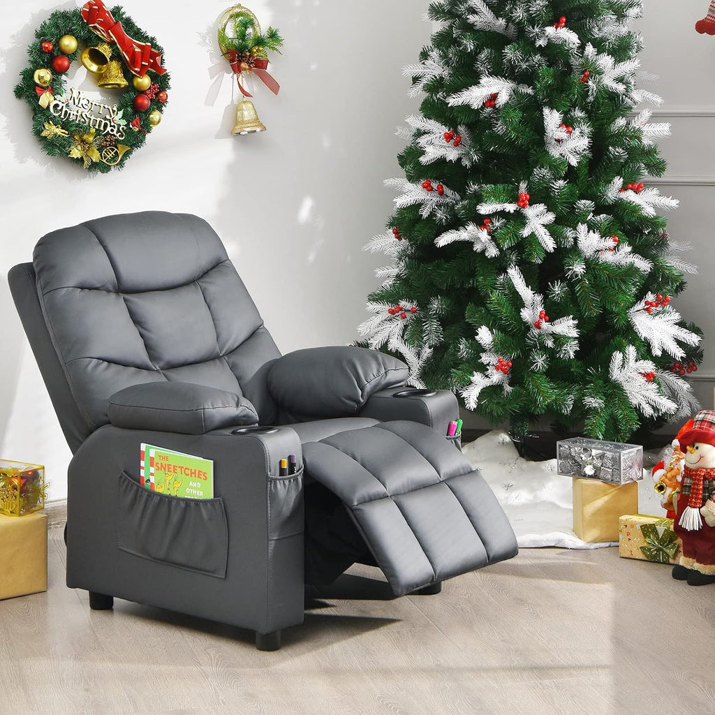 MAT EXPERT Kids Recliner, Leather Adjustable Reading Gaming Chair w/ 2 Cup Holder, 3 Side Pocket Storage & Footrest, Kids Couch Toddler Lounge Chair for Boys Girls, Kids Room Playroom Nursery (Grey)