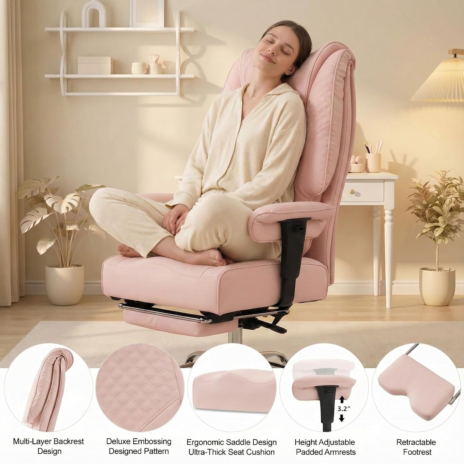 EXCEBET Big and Tall Office Chair 400lbs Wide Seat, Leather High Back Executive Office Chair with Foot Rest, Ergonomic Chairs Lumbar Support for Lower Back Pain Relief (Light Pink)