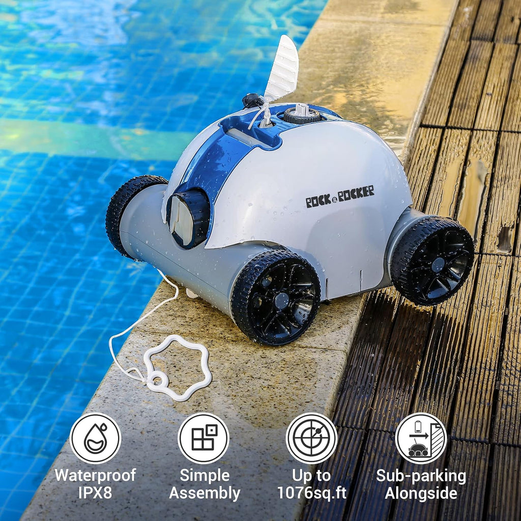 Rock&Rocker Cordless Robotic Pool Cleaner, Automatic Robot Vacuum With 60-90 Mins Working Time, Rechargeable Battery, IPX8 Waterproof for Above Ground Swimming Pools Up to 861 Sq Ft, Blue