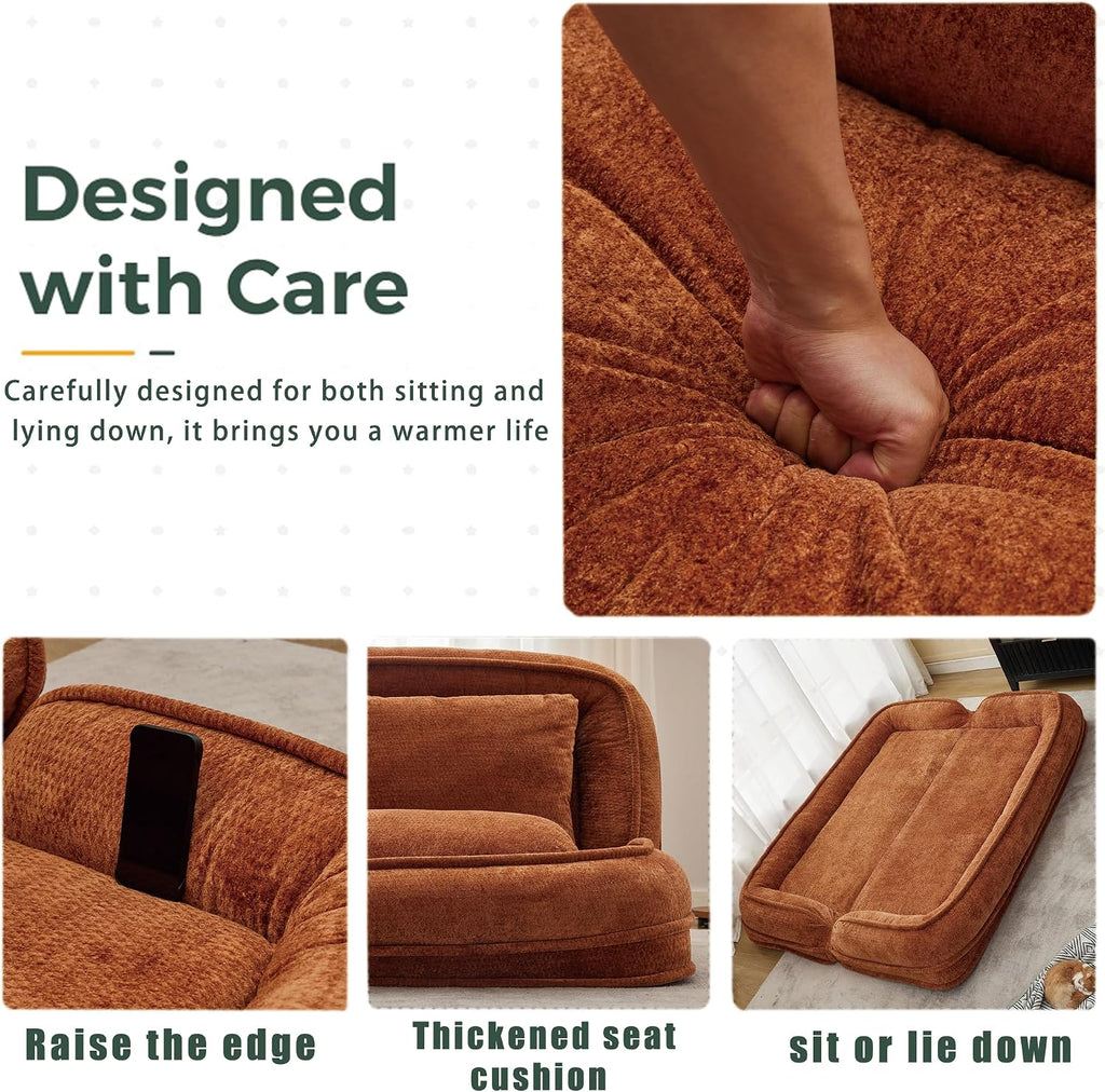 Floor Chair with Back Support, Human Dog Bed, Folding Loveseat with 5 Adjustable Position, 2 Back Cushions, Chenille Meditation Gaming Chair for Lazy Boys, Living Room, Lounge, Bedroom, Orange