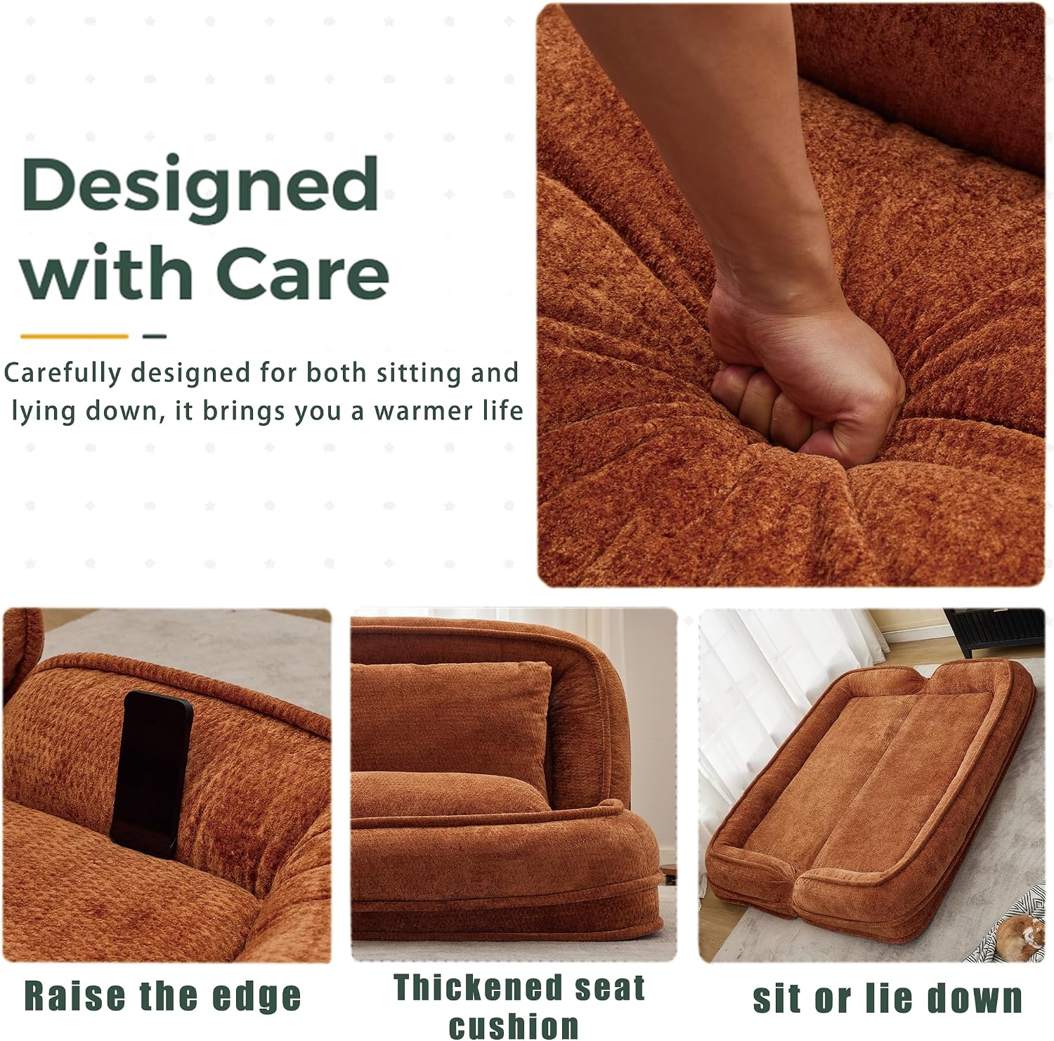 Floor Chair with Back Support, Human Dog Bed, Folding Loveseat with 5 Adjustable Position, 2 Back Cushions, Chenille Meditation Gaming Chair for Lazy Boys, Living Room, Lounge, Bedroom, Orange