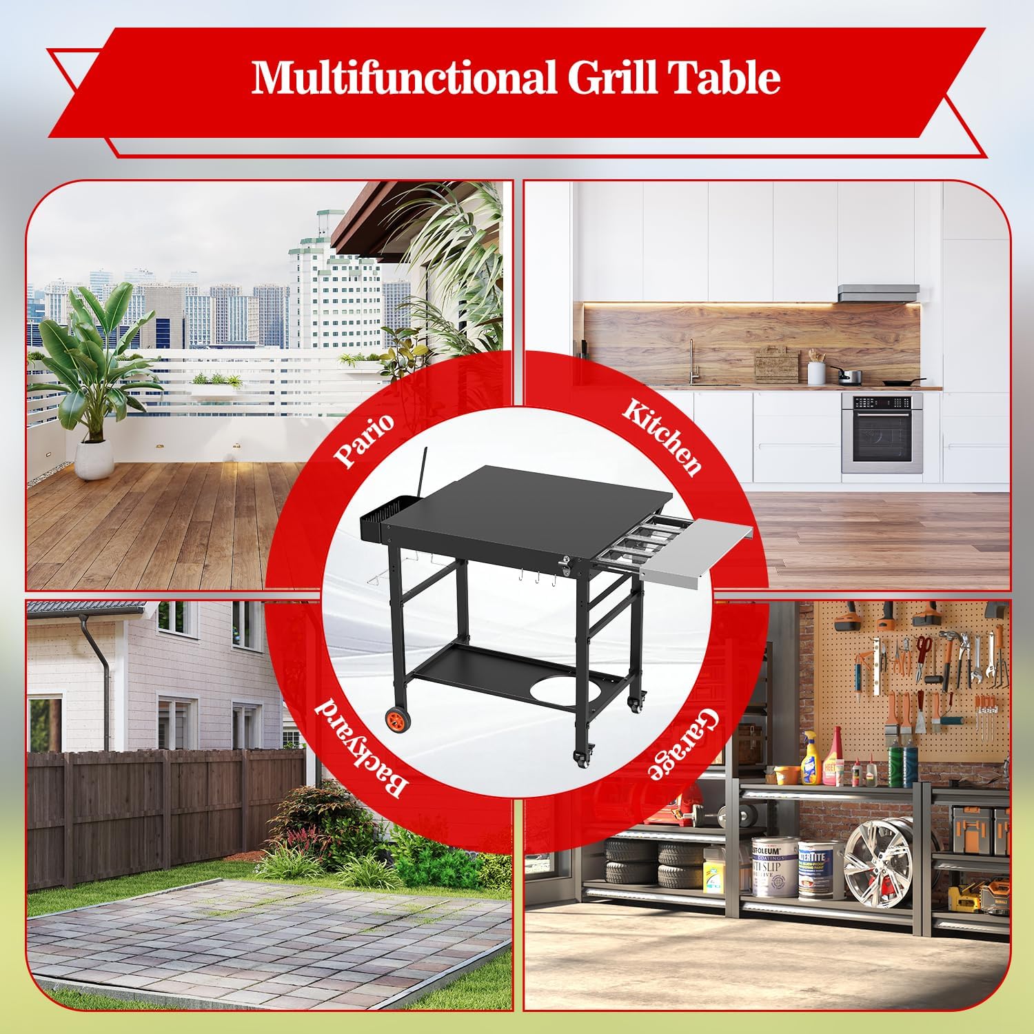 Grill Table for Pizza Ovens, Ninja Pizza Oven Table with Extendable Desk, Durable Outdoor Grill Cart Stand with Food Prep Topping Station for Patio, Backyard,43' L × 27' W