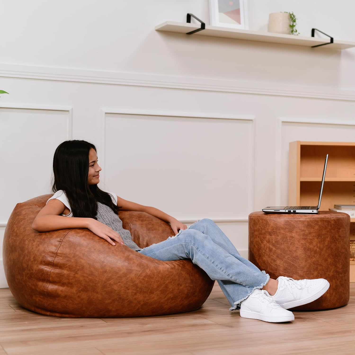 Factory Direct Partners 35' Rustic Western Bean Bag Chair Distressed Faux Leather, Low to Ground for Reading, Playing Video Games and Relaxing Flex Seating for Home and School - Hazelnut, 10478-322