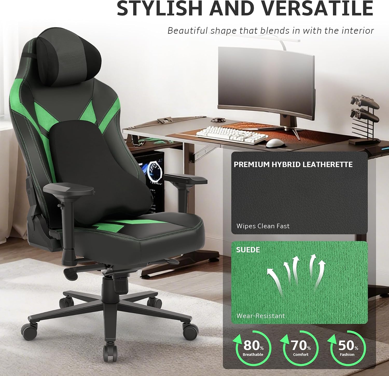 Ergonomic Gaming Chair, Wyrdforging Computer Desk Chairs, 4D Armrests, High Back Office Chair With Headrest & Lumbar Pillow, Tilt Rocker Recliner, Heavy-Duty Base, Black PU Leather & Green Suede Combo