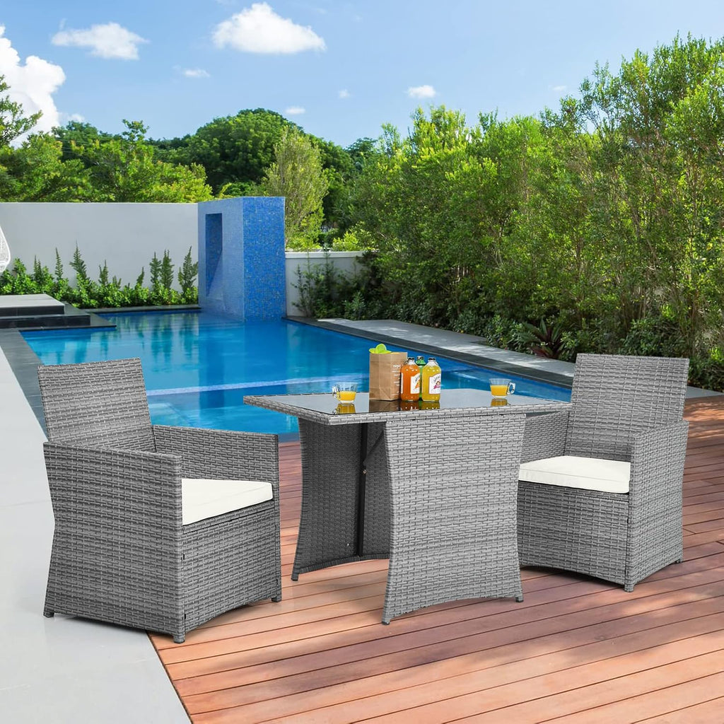 HAPPYGRILL 3 Piece Patio Furniture Set, Outdoor PE Rattan Wicker Bistro Set with Washable Cushions & Tempered Glass Table, for Backyard Porch Garden Balcony Poolside