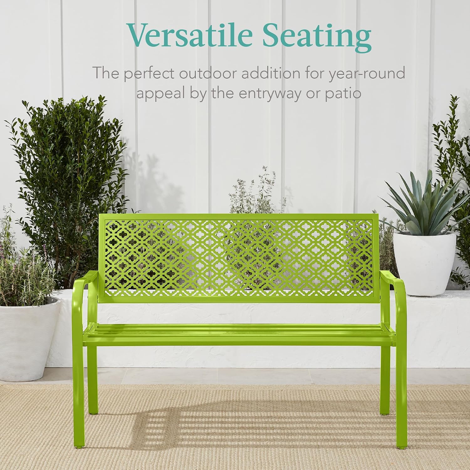 Best Choice Products Outdoor Bench 2-Person Metal Steel Benches Furniture for Garden, Patio, Porch, Entryway w/Geometric Backrest, 790lb Capacity - Lime Green