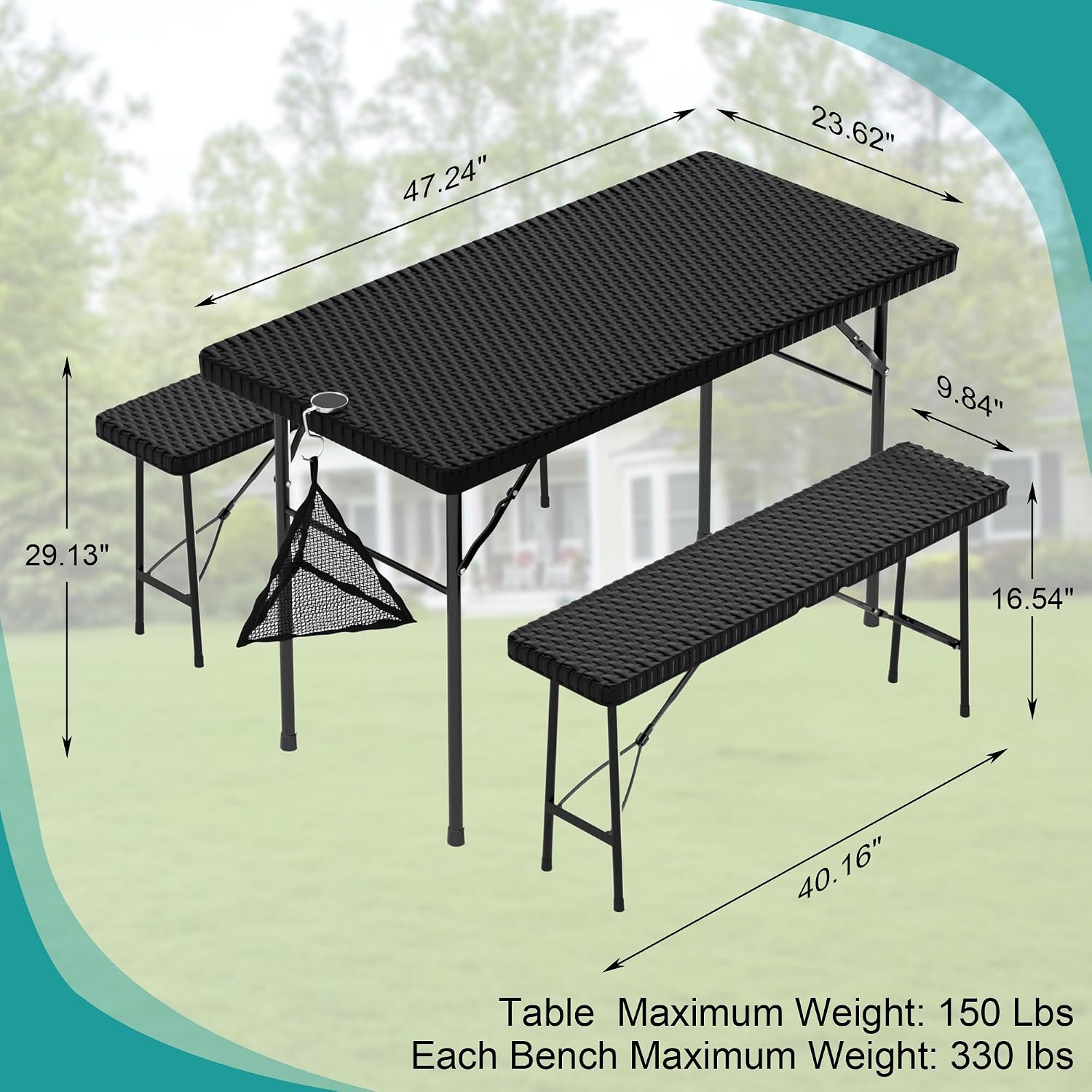 VECELO 3 Piece Folding Picnic Table with 2 Benches, 47.2' Faux Rattan Patio Set with Mesh Bag, Heat-Resistant & Waterproof, for Indoor Outdoor Use, Black