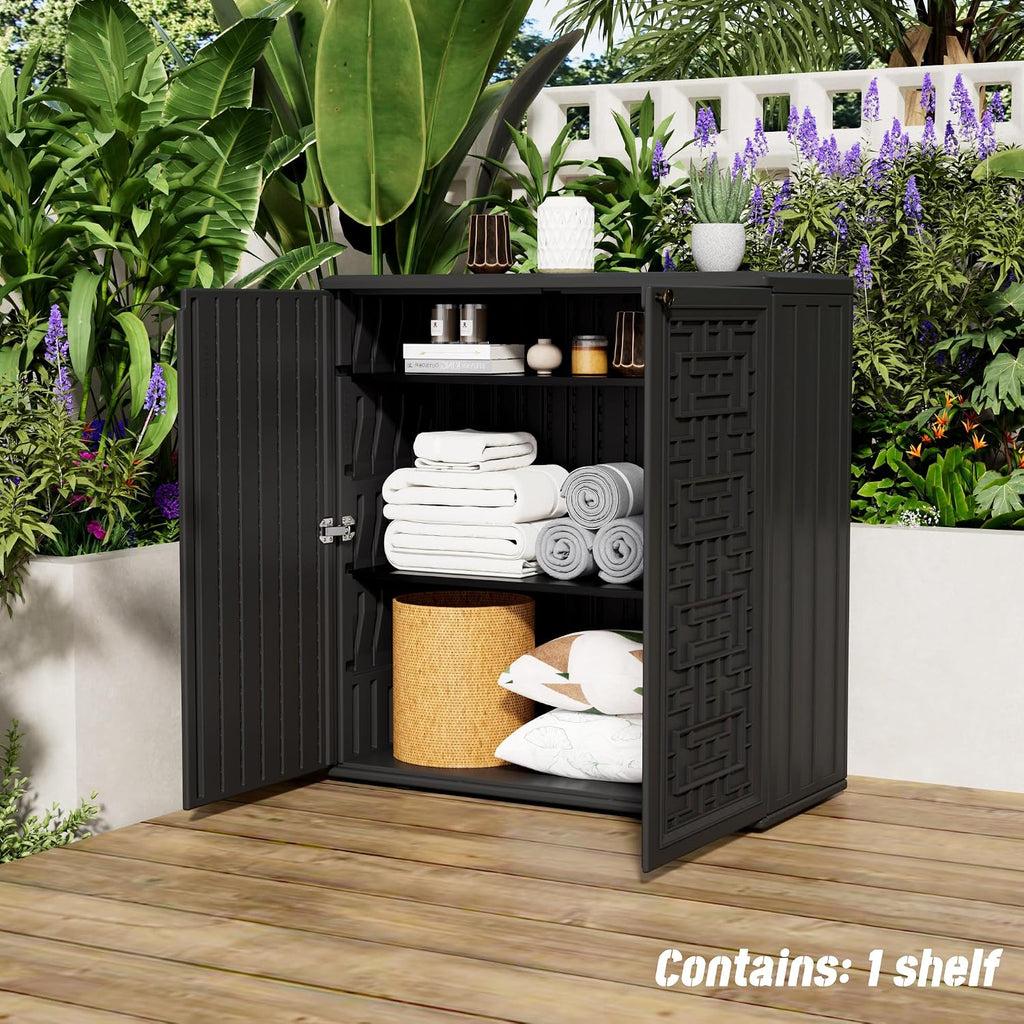 Mrosaa Indoor Outdoor Storage Cabinet Waterproof with Shelf,Plastic Storage Sheds Outdoor Cabinets for Patio/Garden/Backyard, Size 34.3''L*15''W*36.2''H（Black）