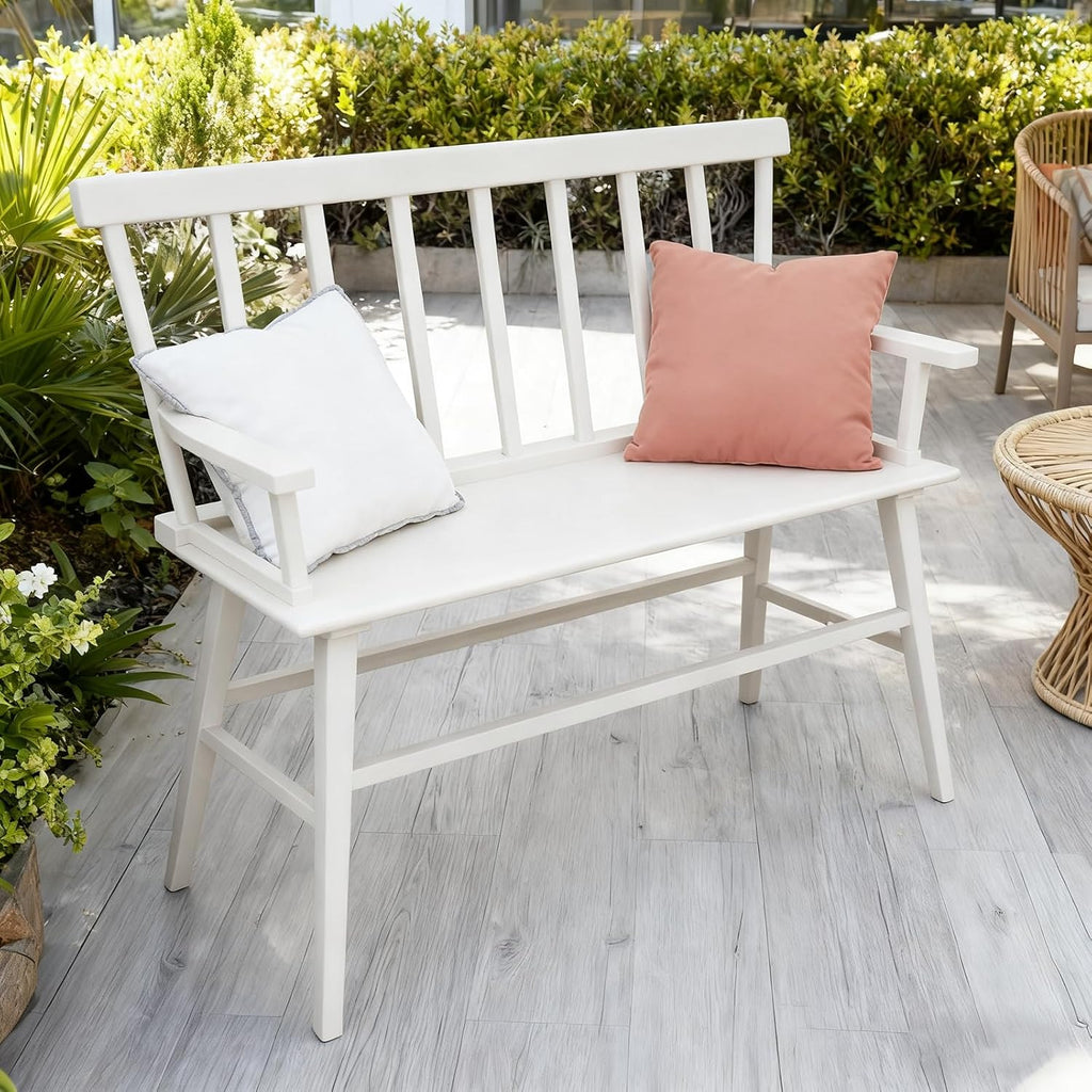 Dining Bench for Kitchen & Dining Room – Bamboo Wood Bench with Spindle Back & Armrests, Farmhouse Entryway Bench, Indoor Bedroom Bench, Versatile Entry Bench & Outdoor Bench Seating（White with Arm）