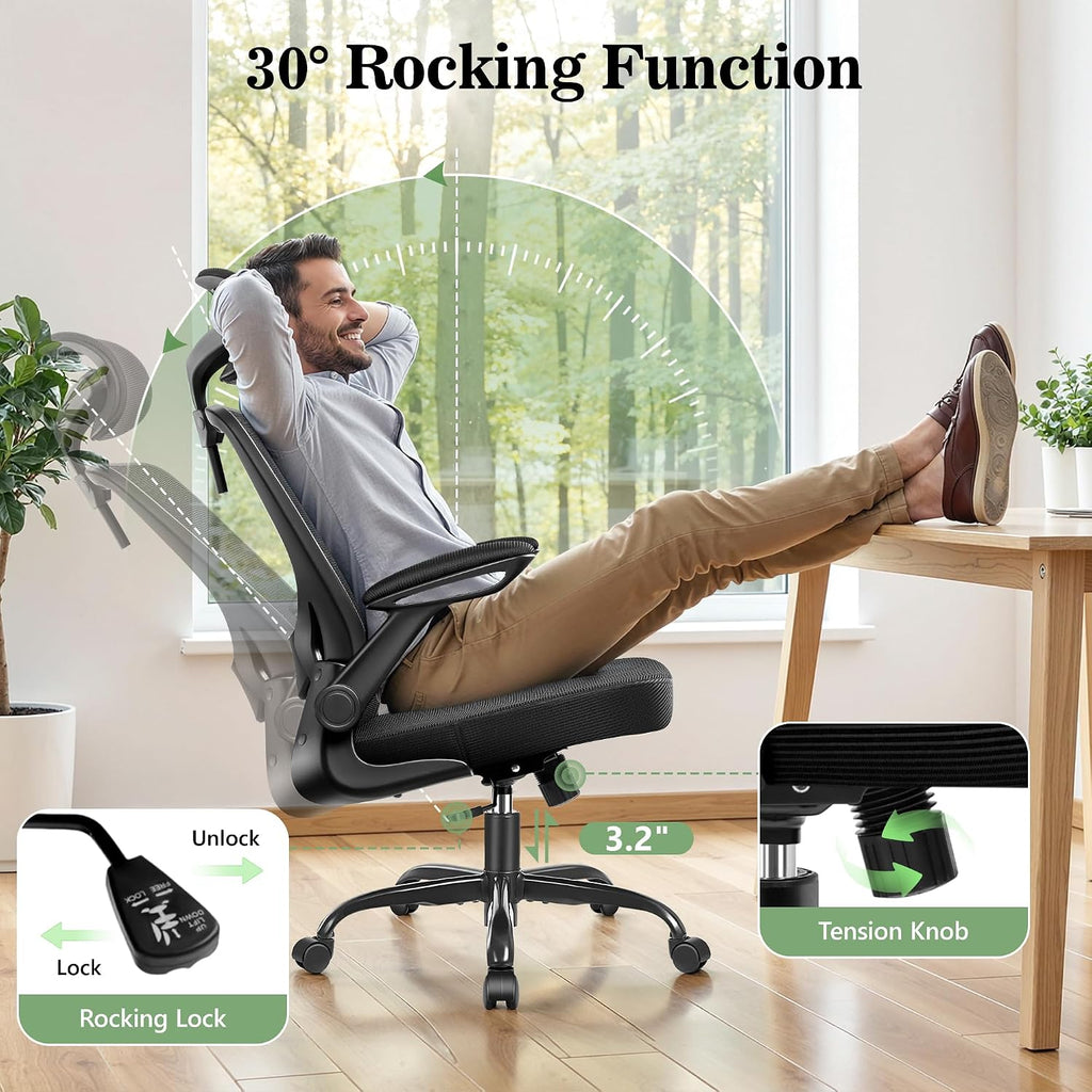 BESTFAIR Office Chair Ergonomic Desk Chair, Breathable Mesh Office Chairs with Adjustable Lumbar Support, Flip-Up Arms, Computer Desk Chair Comfy for Home Office, 4 Pack