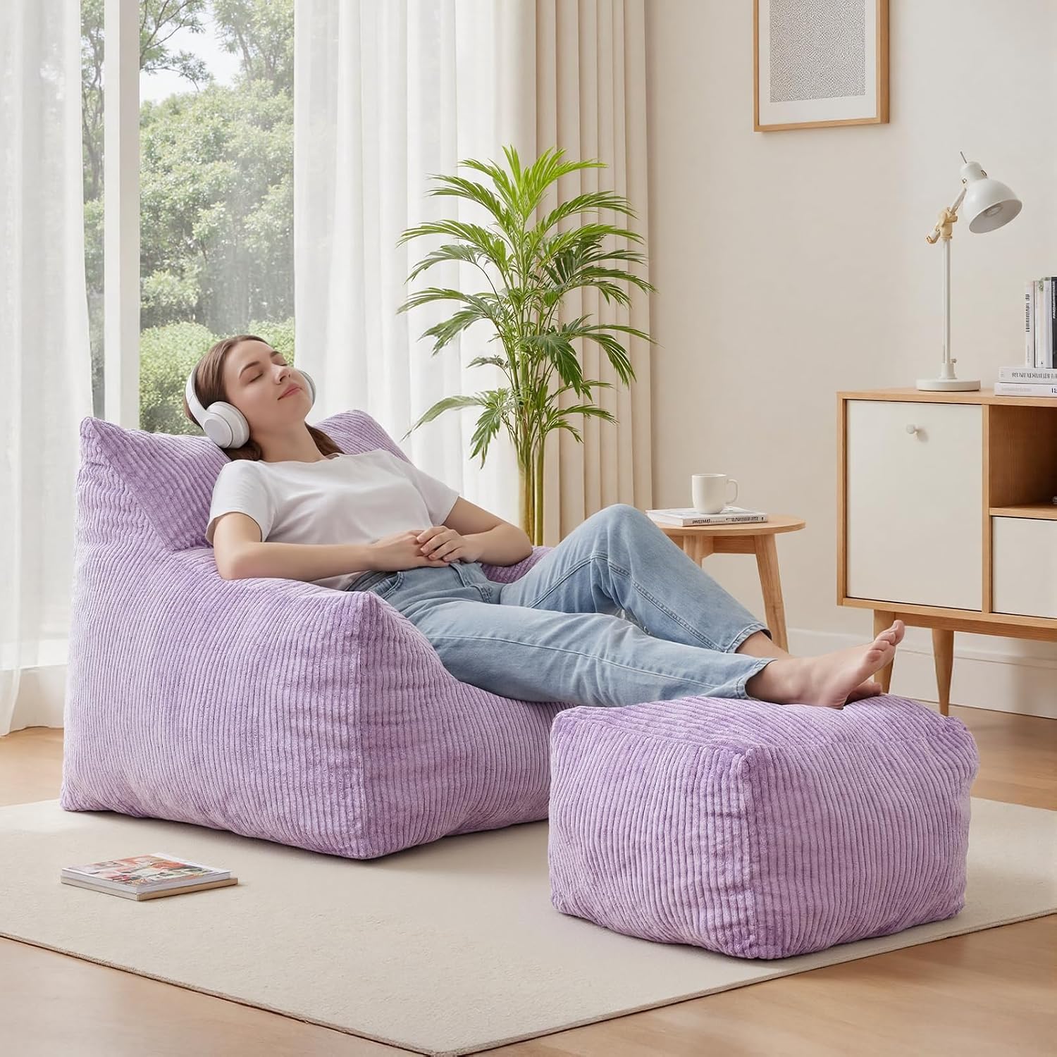 Bean Bag Chair with Ottoman, Oversized Cloud Boneless Couch, Memory Foam Beanbag Set for Adults & Teens, Plush Corduroy Comfy Chair for Bedroom, Dorm, Living Room, Gaming & Reading Nook (Purple)