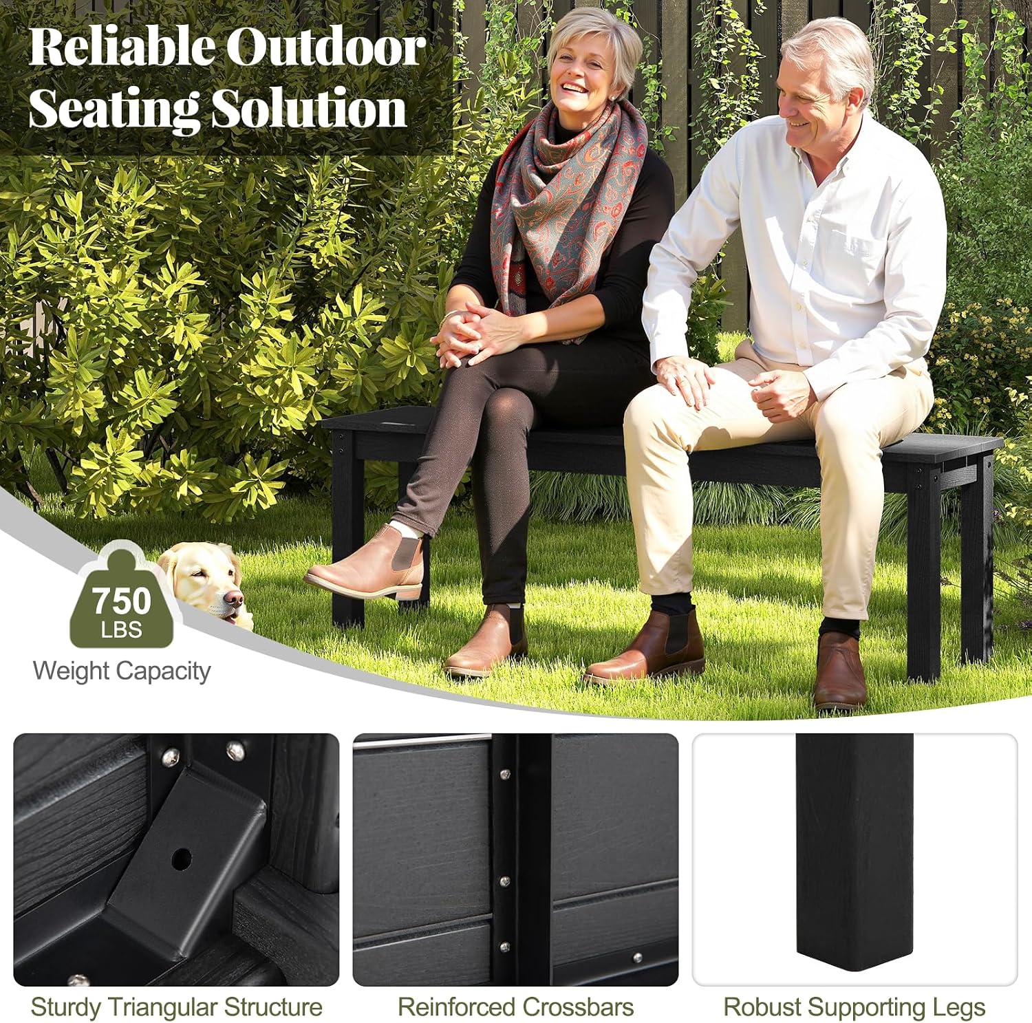 Tangkula HDPE Outdoor Bench, 2-3 Person Patio Bench, 55' Backless Garden Dining Bench with Slatted Seat, Weatherproof Park Bench for Entryway, Porch, Lawn & Backyard (Black,2)