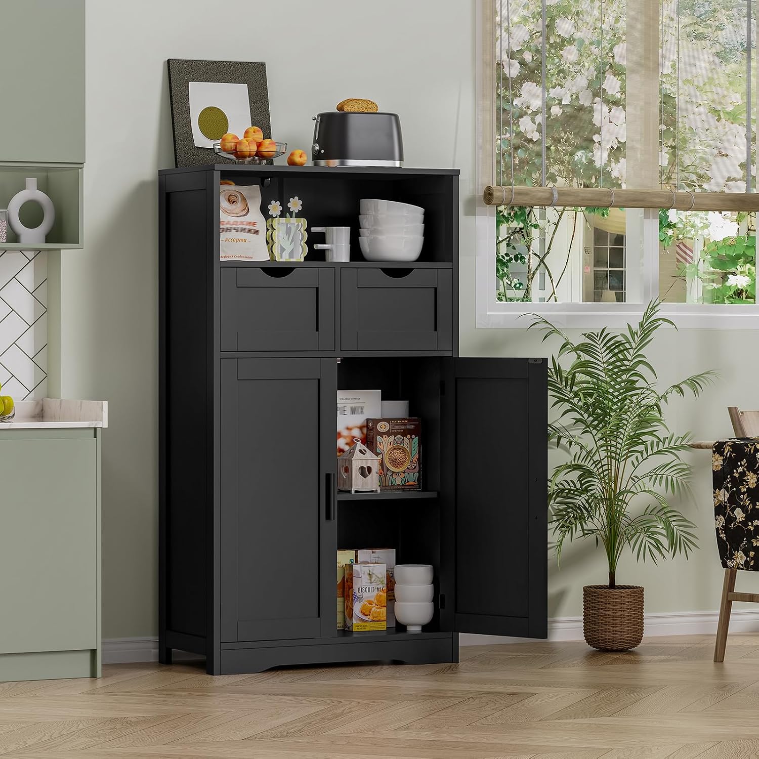 Iwell Storage Cabinet with Doors & Shelves, Kitchen Pantry Cabinet, Bathroom Cabinets for Living Room, Kitchen, Laundry, Black