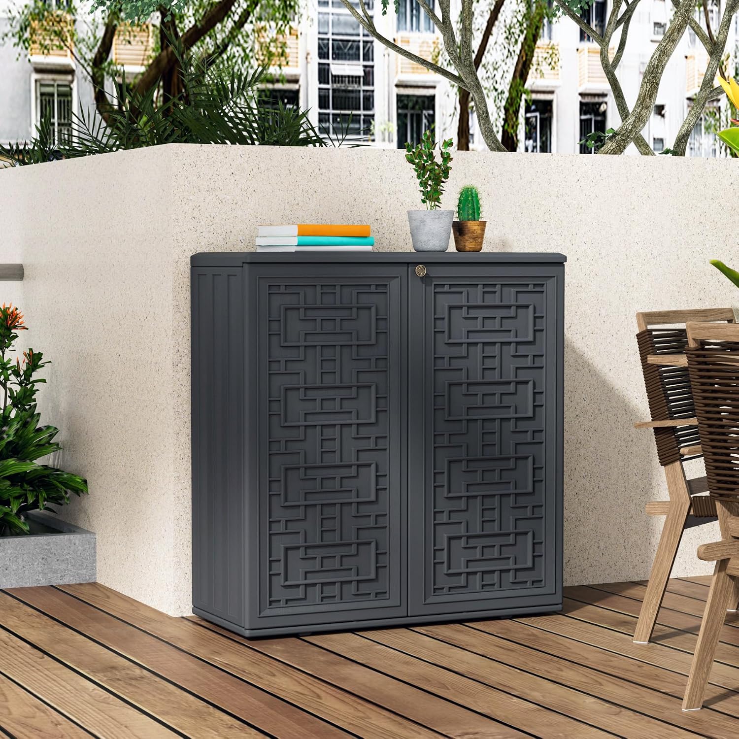 Mrosaa Storage Box Outdoor Caninet,Resin Indoor Storage Box Waterproof Outdoor Storage Cabinets for Patio/Garden/Backyard, Size 34.3''L*15''W*36.2''H(Grey)