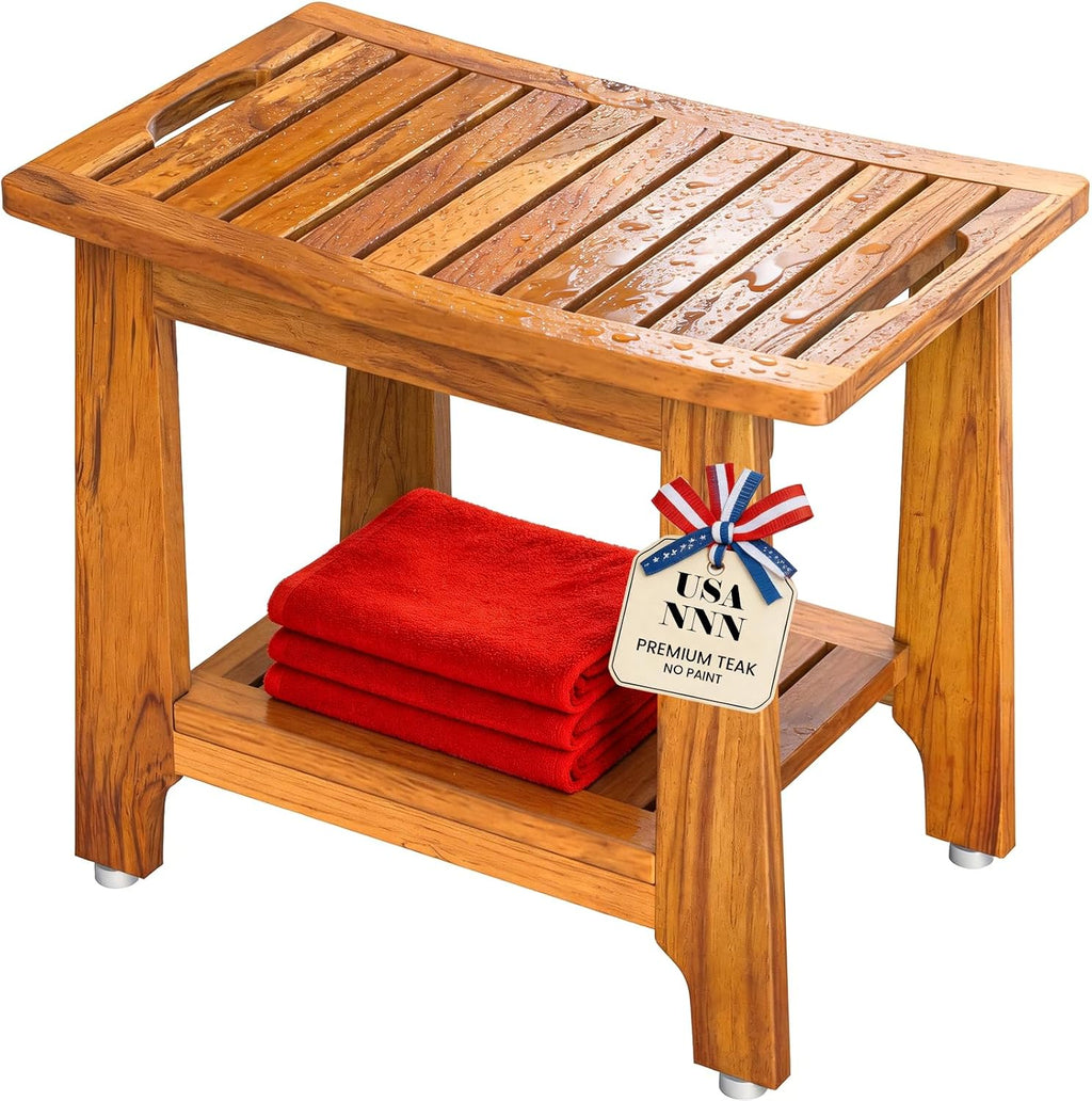 21' Standard Teak Shower Bench with Shelf & Handle - Waterproof, Non-Slip Bath Stool, 300 lbs Capacity - Fits Standard Tubs/Showers & Outdoor Use (Patented)
