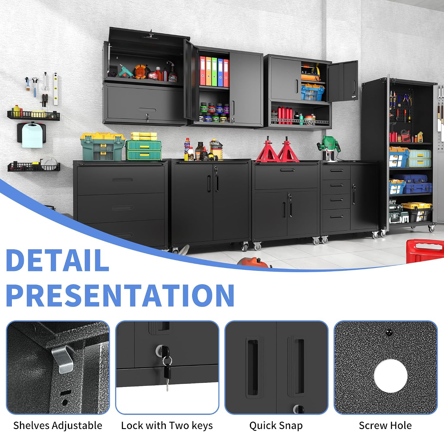 Garage Wall Cabinet with Doors and Shelves, Metal Wall Mounted Storage Cabinet with Lock, Hanging Tool Cabinet for Garage Utility Room, Black