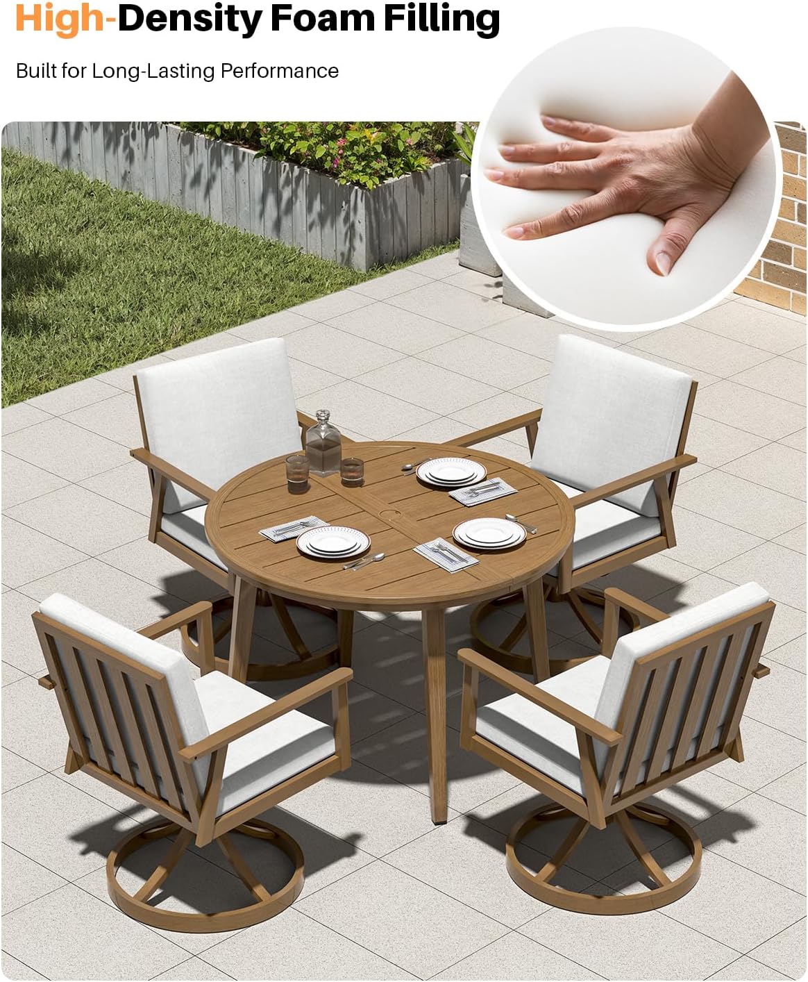 5-Piece Round Patio Swivel Dining Set, Aluminum Round Outdoor Dining Set with 4 Swivel Chairs, Patio Dining Table Set with Cushions, Never-Rust Outdoor Furniture Set for Pool, Deck, Lawn, Teak