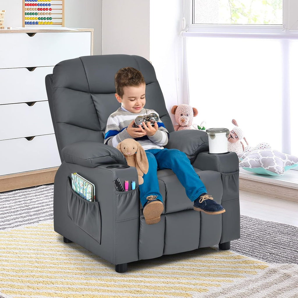 MAT EXPERT Kids Recliner, Leather Adjustable Reading Gaming Chair w/ 2 Cup Holder, 3 Side Pocket Storage & Footrest, Kids Couch Toddler Lounge Chair for Boys Girls, Kids Room Playroom Nursery (Grey)