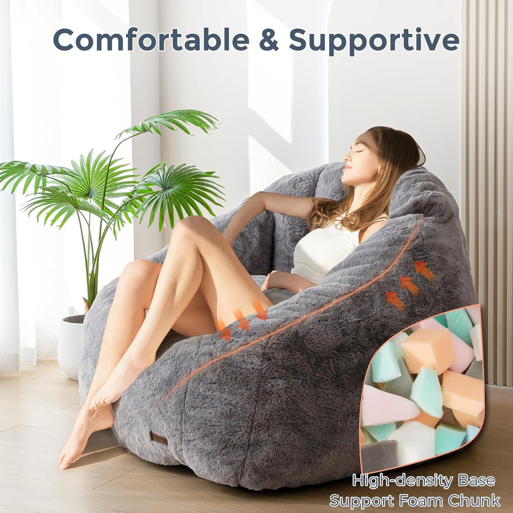 MAXYOYO Giant Bean Bag Chair, Oversized Bean Bag Couch for Adults and Kids, Faux Fur Shell-Shaped Large Chair with Filler, Stuffed Big Accent Sofa Lounge Floor Sofa for Reading, Dark Grey, Standard