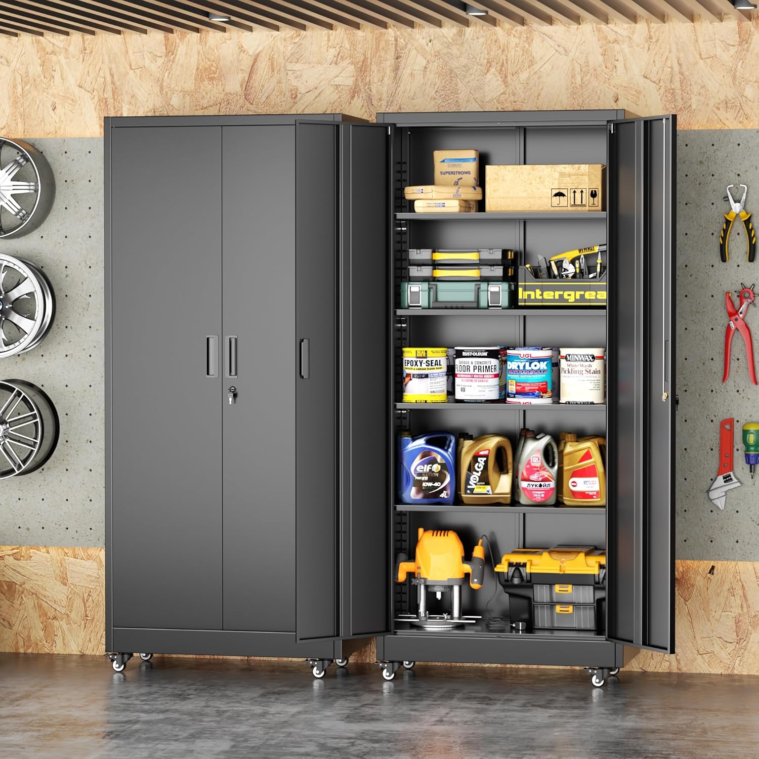 INTERGREAT73 Garage Storage Cabinet with Wheels, Rolling Metal Storage Cabinet with Locking Doors and 4 Adjustable Shelves,- 73' Steel Tool Cabinet for Home Office,Garage,Warehouse，Black