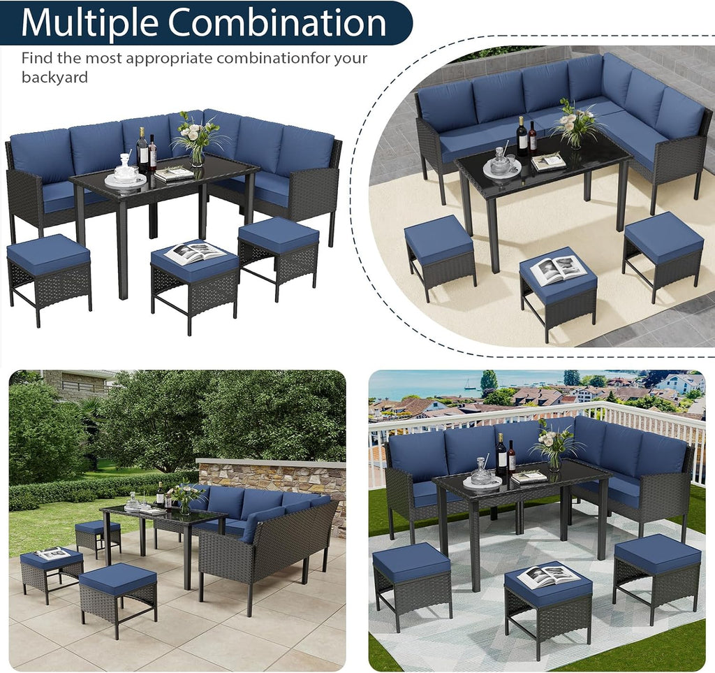 7-Piece Outdoor Patio Furniture Set, Wicker Sectional Sofa with Seat & Back Cushions, All-Weather Conversation Set with Long Glass Coffee Table for Garden, Porch, Lawn, Khaki