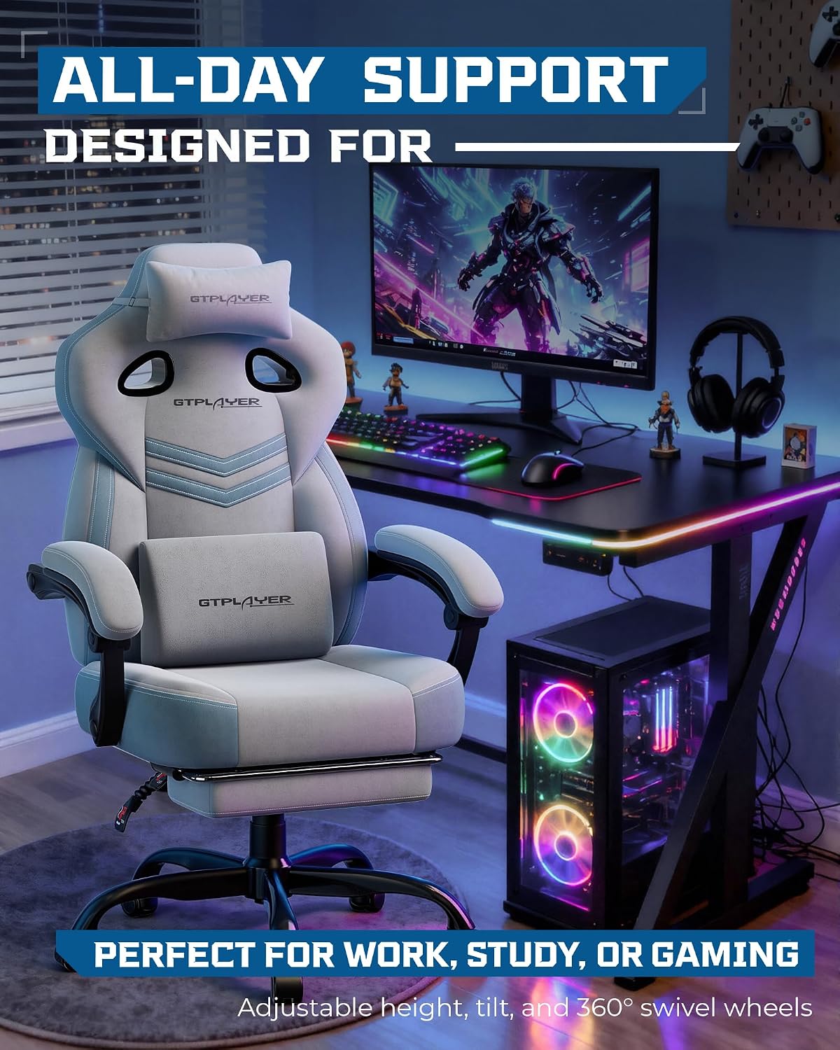 GTPLAYER Gaming Chairs for Adult - Ergonomic Big & Tall Gaming Seat with Footrest & Lumbar Support, Comfortable Office Chair 90-155° Reclining - Heavy Duty Wide Computer Seat, Grey