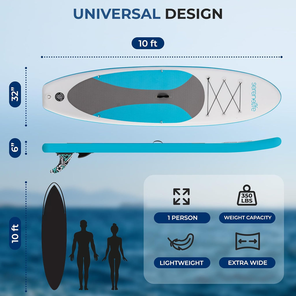 SereneLife Inflatable Stand Up Paddle Board - Wide Stable Design, Non-Slip Deck for Adults & Youth with Premium Paddle Board Accessories: Carry Bag, Dual Action Pump, Paddle, Ankle Leash - 10'
