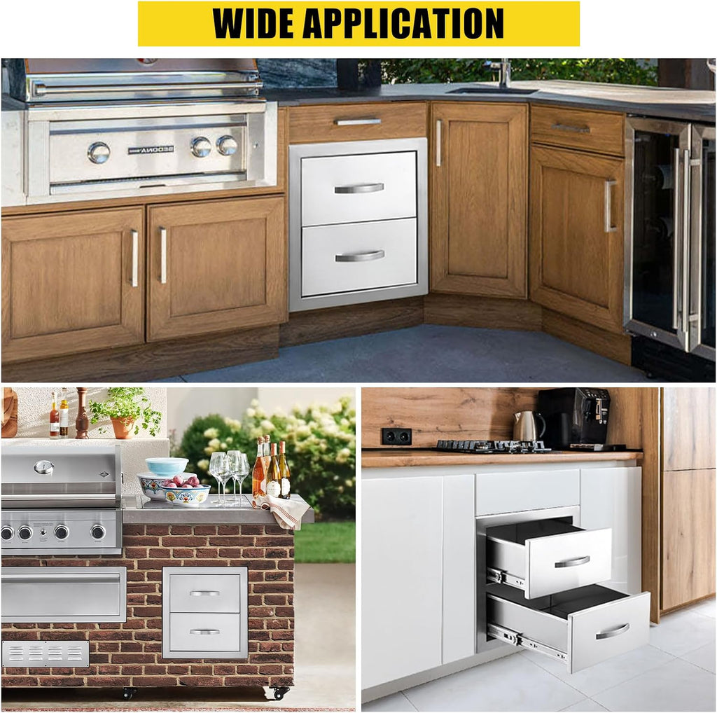 14W x 23D x 15H Inch Outdoor Kitchen Drawers Stainless Steel, Flush Mount Double Drawers with Stainless Steel Handle, Venting Panel Weatherproof for Kitchen Island Patio, Grill Station