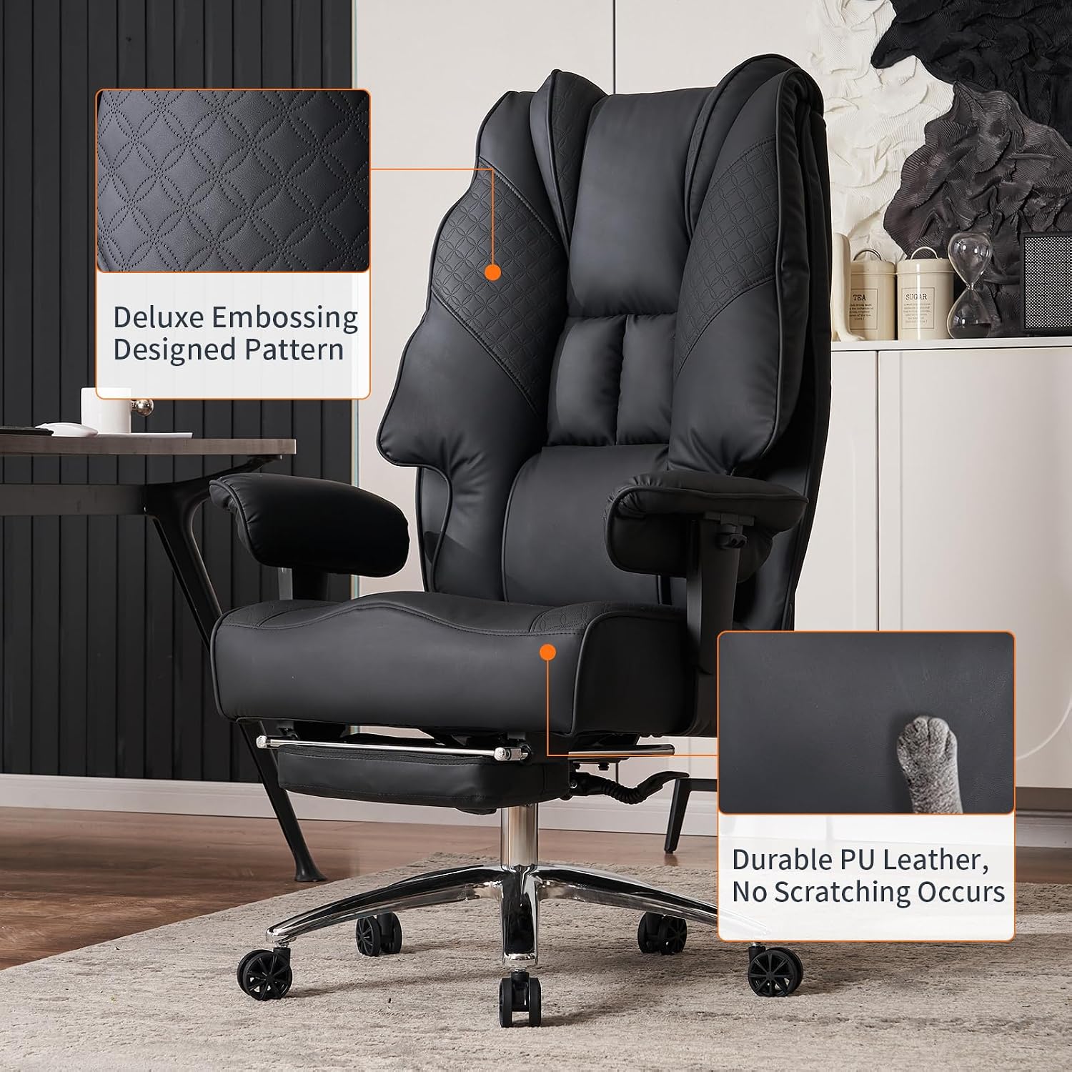 EXCEBET Big and Tall Office Chair 400lbs Wide Seat, Leather High Back Executive Office Chair with Foot Rest, Ergonomic Chairs Lumbar Support for Lower Back Pain Relief (Black)