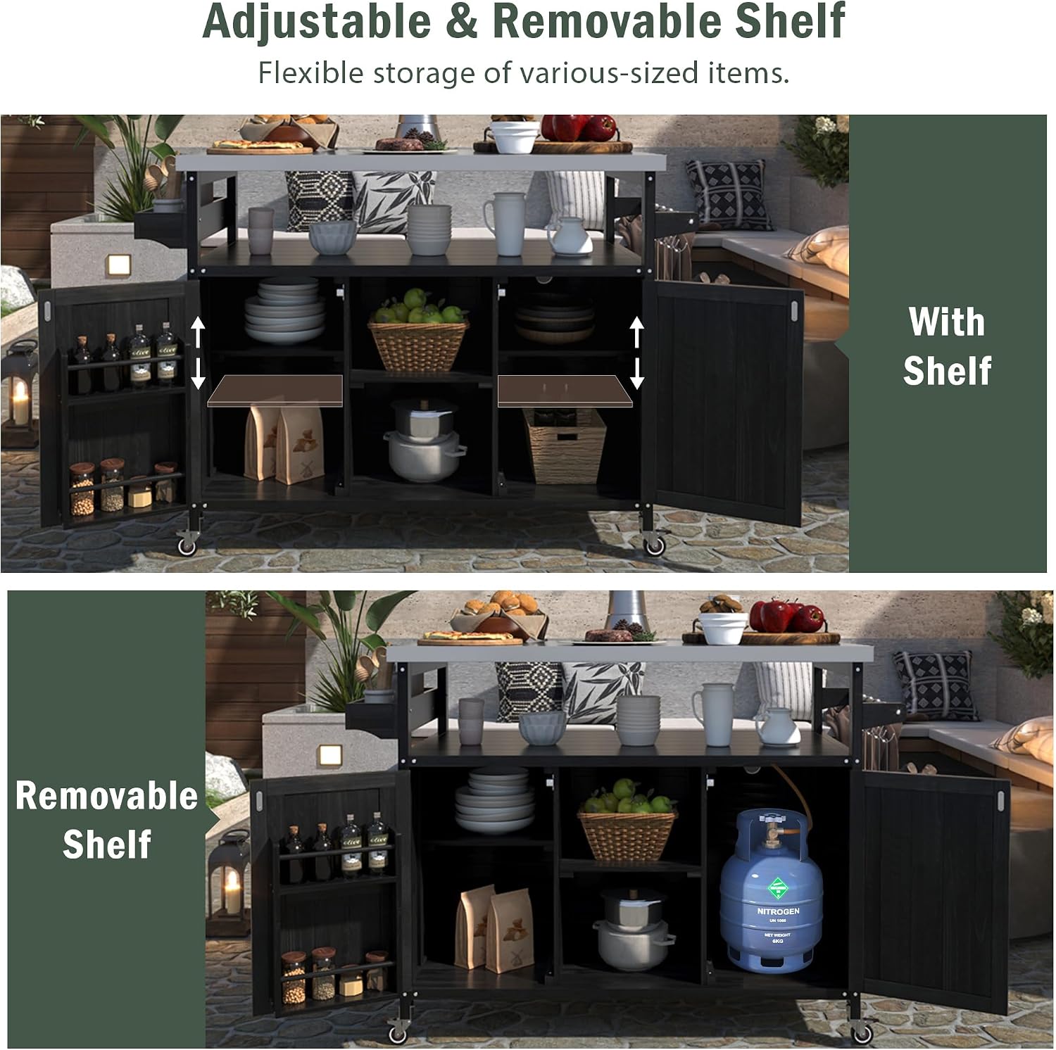 Outdoor Grill Carts for Patio Graden BBQ with Storage Cabinet, Home Rolling Kitchen Island Bar Cart with Stainless Steel Top, Food Prep Table with Shelves, Spice Rack & Towel Holder (Black)