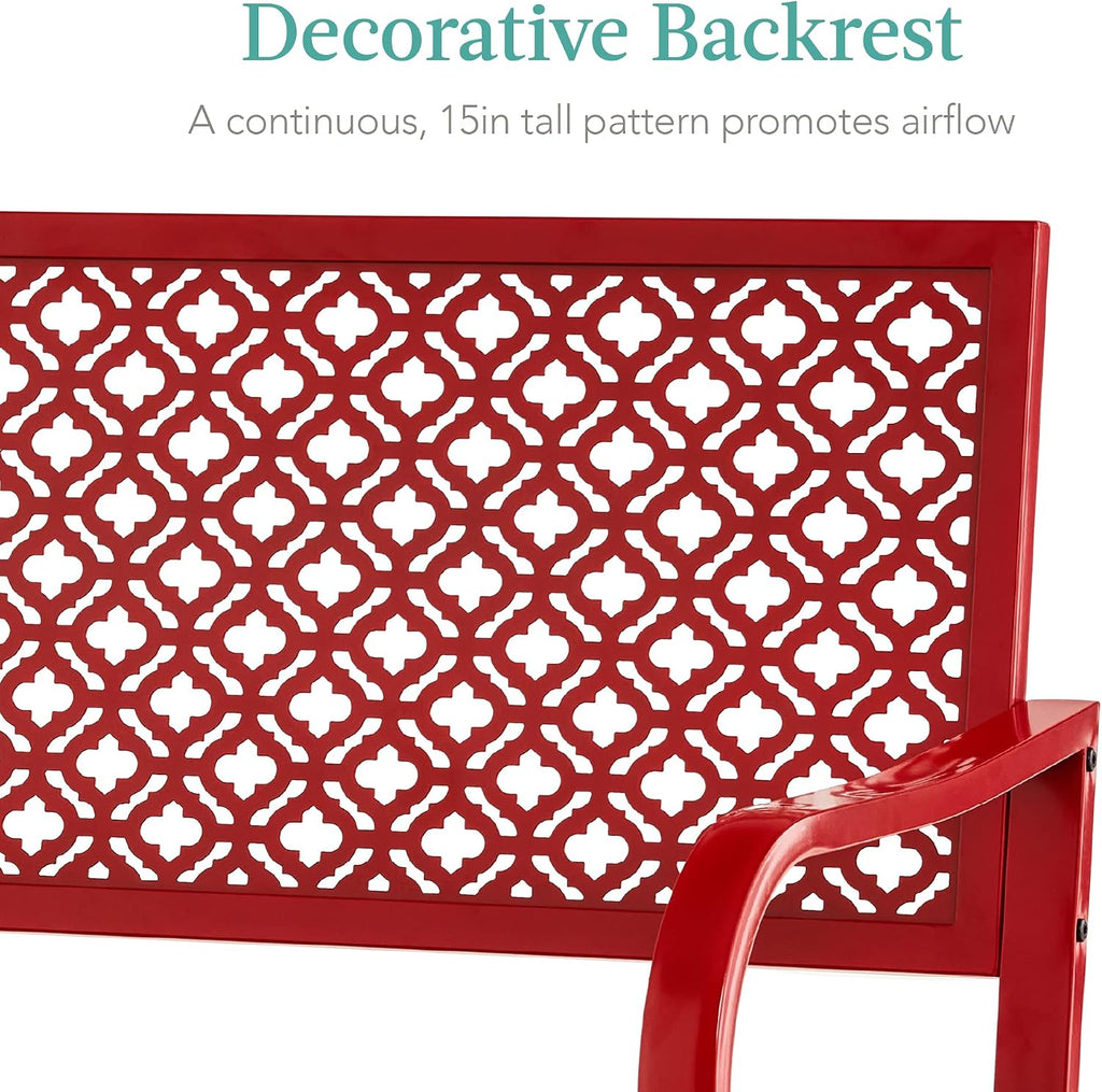Best Choice Products Outdoor Bench 2-Person Metal Steel Benches Furniture for Garden, Patio, Porch, Entryway w/Geometric Backrest, 790lb Capacity - Rose Red