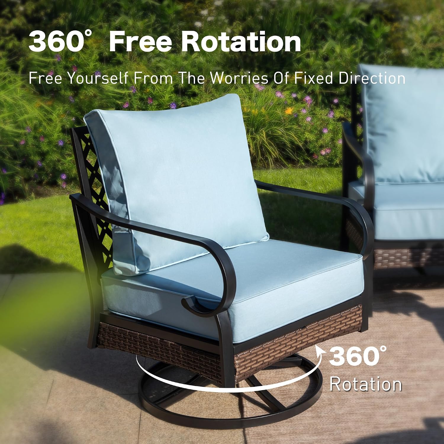 SUNSHINE VALLEY 4 Piece Black Metal Outdoor Patio Furniture Sets with Firepit Table, Patio Conversation Sets 1 3-Seater Sofa, 2 Swivel Sofa with 5.75' Thick Cushion Backyard Furniture for Deck, Blue