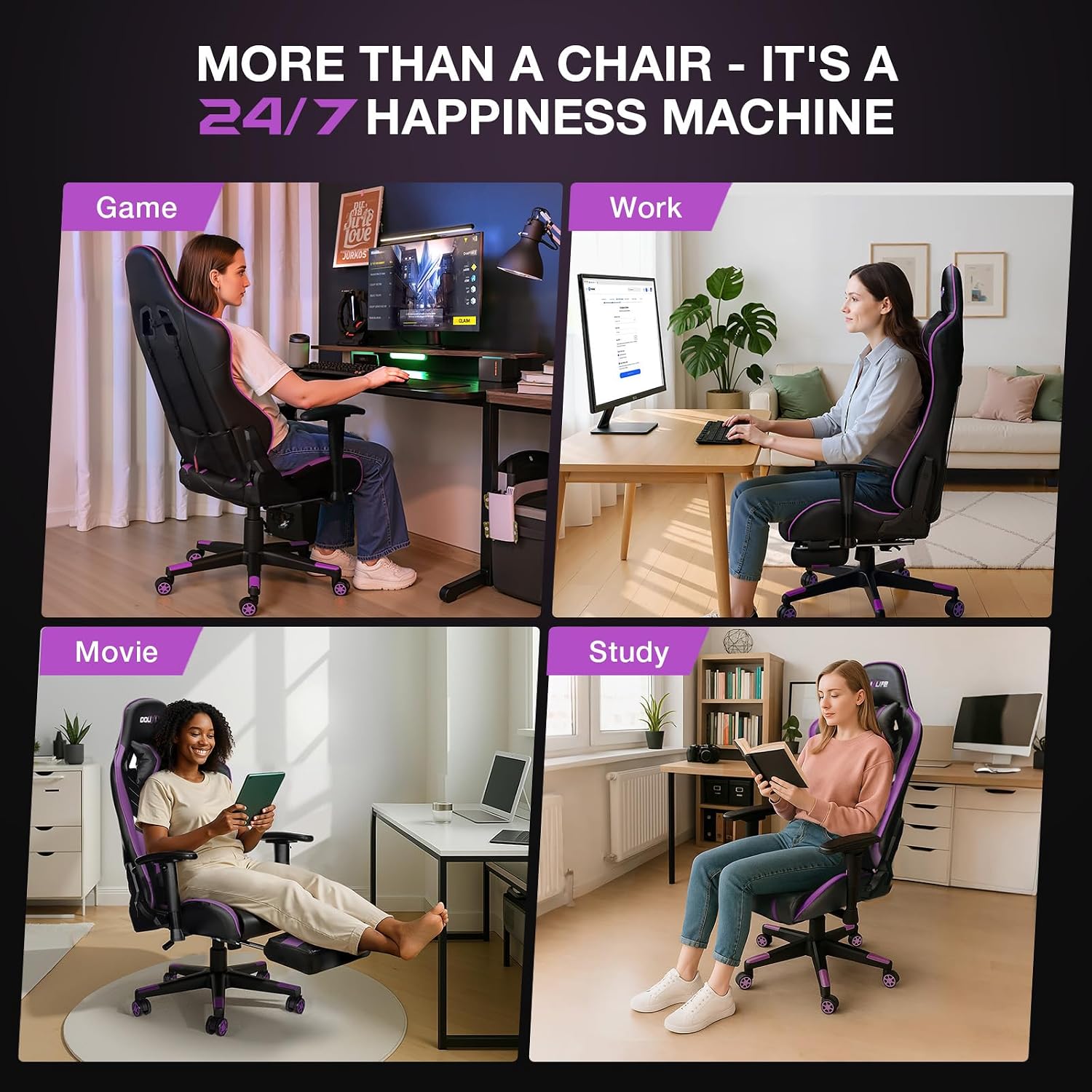 Douxlife 7-Point Massage Gaming Chair with Footrest, 400lbs Heavy Duty Ergonomic Computer Chair, 175° Reclining High Back Racing Seat for Adults with Adjustable Armrests & Lumbar Support, Purple