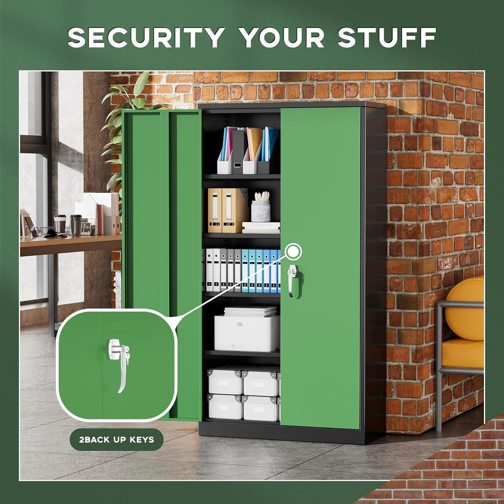 Greenvelly Metal Storage Cabinet, 72' Locking Metal Garage Storage Cabinet with Doors and 4 Adjustable Shelves, Lockable Steel Cabinet for Home Office, Garage, Shop, School (Green 36' W x 18' D)