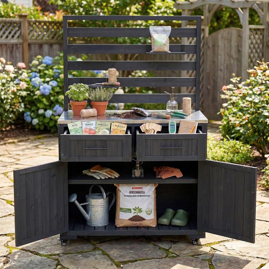 64.9'' H Large Patio Kitchen Island Solid Wood Kitchen Cart, Grill Prep BBQ Table, Garden Potting Bench with Stainless Table Top, 3 Movable Shelves and 2 Drawers (Black-64.9'')